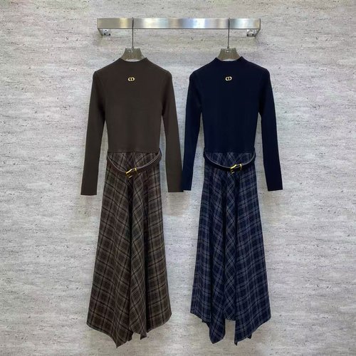 Dior Stylish Knitted Top & Checked Skirt Dress with Buckles