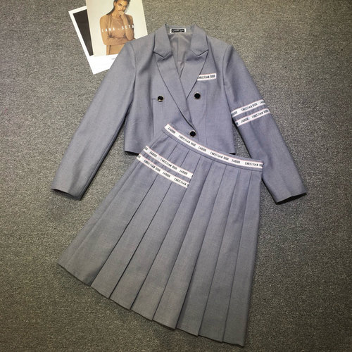 Dior Double-Breasted Blazer and Pleated Skirt Set with Letter Tape