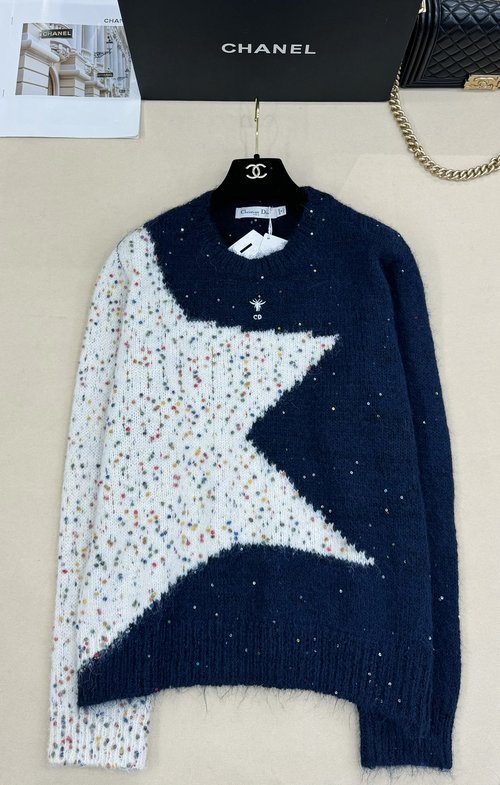 Dior Knit Round - neck Long - sleeve Cardigan with Color - blocked Star Jacquard and Glitter
