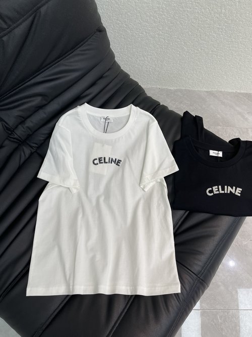 Celine Sophisticated Custom Cotton Short-Sleeve T-Shirt with 3D Studded Logo