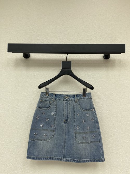 Louis Vuitton Blue Sequined Logo A-Line Denim Skirt with High Visibility
