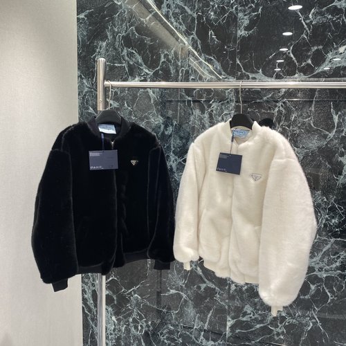 Prada Double-Sided Fur Collared Coat with Triangle Logo, Warm and Practical