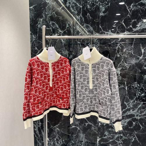 Dior Vintage Pattern Half-Zip Knit Sweater with Ribbed Cuffs and Hem