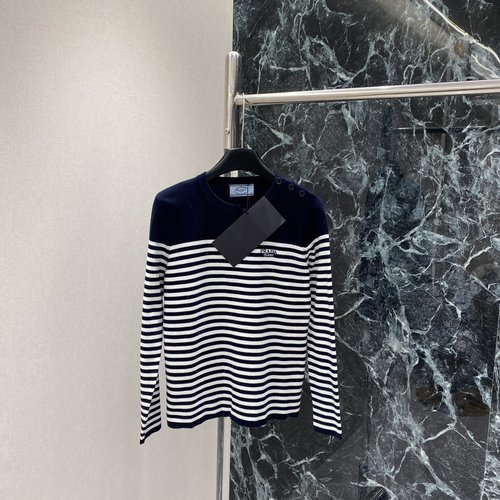 Prada Navy Striped Round-neck Knit with Elastic Cuffs, Suitable for Commuting