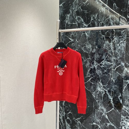Prada Red Jacquard Letter Knit Sweater with Classic Crest Embroidery