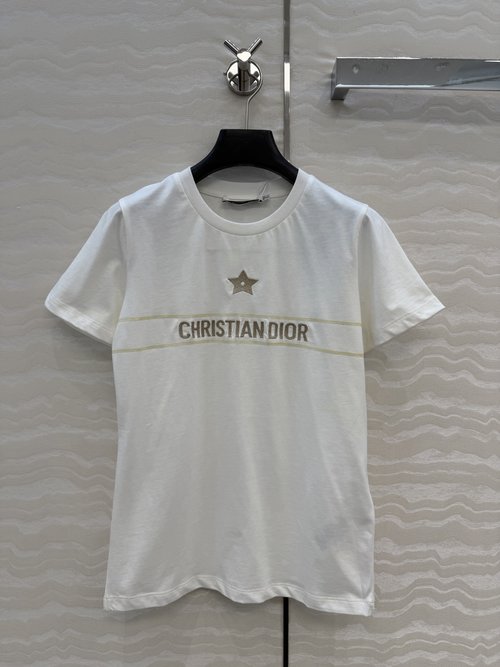 Dior Platinum Embroidery Letter Short-Sleeve T-Shirt in Imported Cotton Fabric