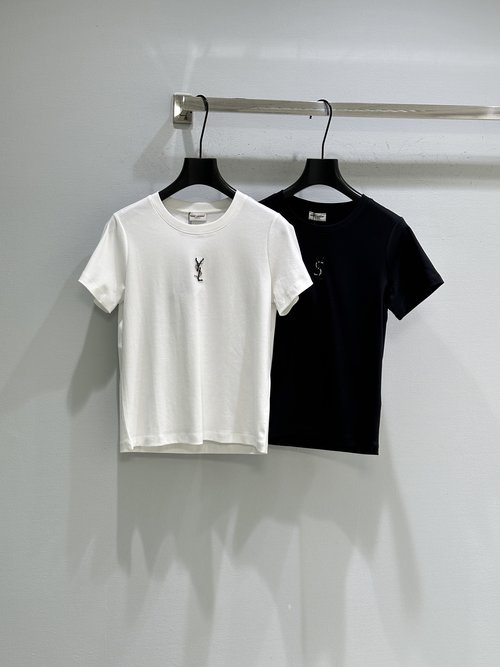 Yves Saint Laurent Cotton T-Shirt with Classic YSL Beaded & Diamond Embroidery