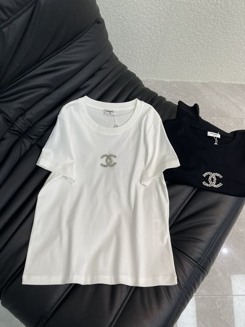 Chanel Classic Round Neck T-Shirt with CC Diamond Accents