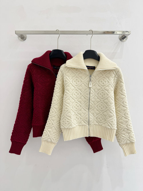 Louis Vuitton Diamond Weave Zipper Front Turn Down Collar Cardigan