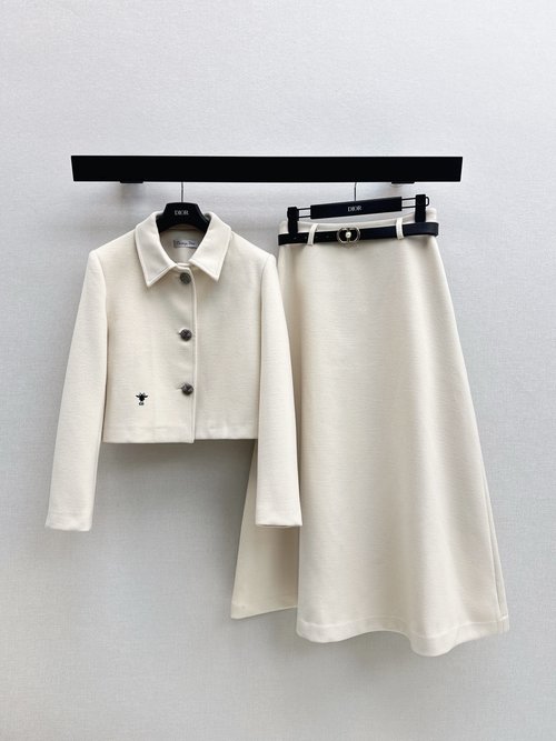 Dior Ladylike Collar Short Jacket with A-Line Skirt Set in Imported Wool Blend with Elegant Bee Motif Embroidery
