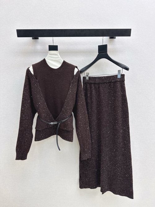 Brunello Cucinelli Relaxed-Fit Wool Two-Piece Set with Mock Neck Sweater and Elastic Skirt