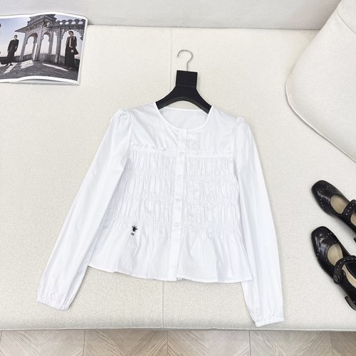 Dior Retro - Elegant Shirt with Bee Embroidery and Waist Cinching