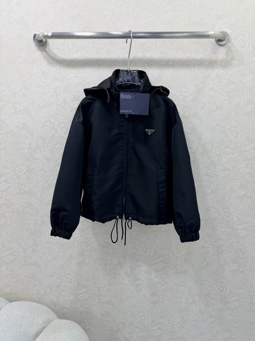Prada Detachable Hooded Windproof Nylon Jacket with Metal Logo