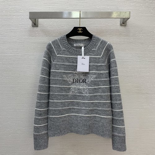 Dior Casual Striped Wool Knit Sweater with Logo & Star Embroidery, Grey