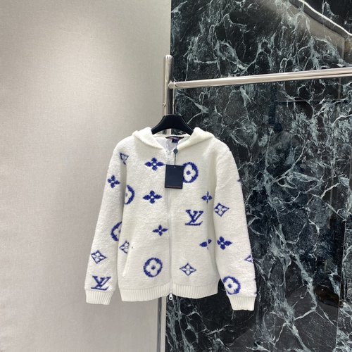 Louis Vuitton Blue and White Hooded Coat with Monogram Print, Oversized and Fashion - Forward