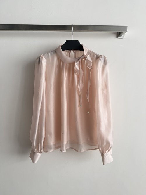 Loro Piana French Elegant Bow Blouse with Lustrous Fabric and Pearl Accents