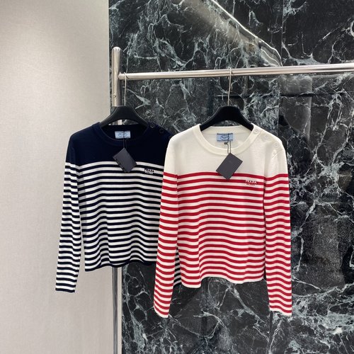 Prada Stripe Knit Top with Buttoned Shoulders, Branded Embroidery, Suitable for All Occasions