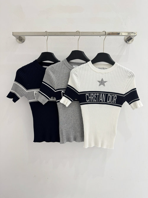 Dior Star Embroidered Striped Short Sleeve Knitwear