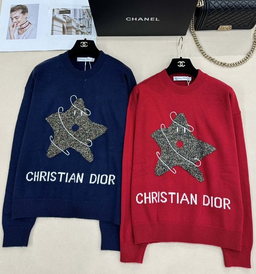 Dior Knit Round-Neck Top, Sparkling Stars and Letter Jacquard