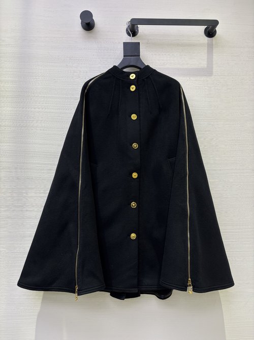 Versace Black Cashmere and Wool Blend Cloak Coat with Gold Buttons