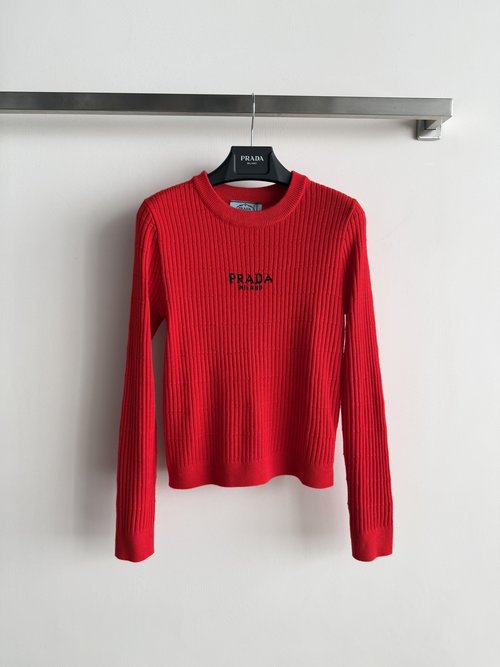 Prada Slim Knitted Top with Striped Design and Logo Embellishment, Stylish