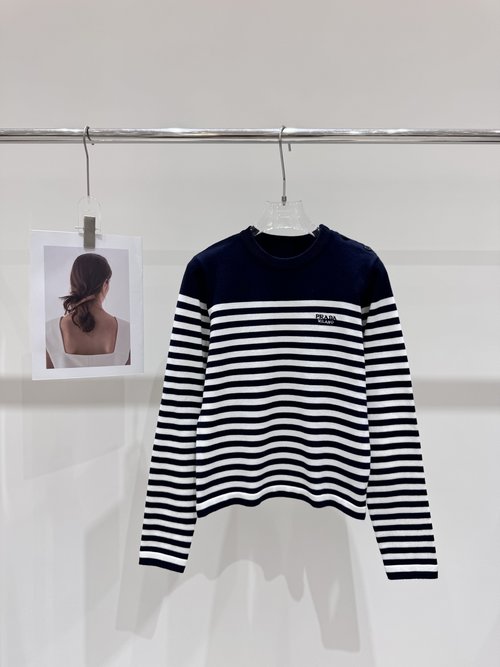 Prada New Striped Round Neck Knit Shirt with Left Shoulder Button