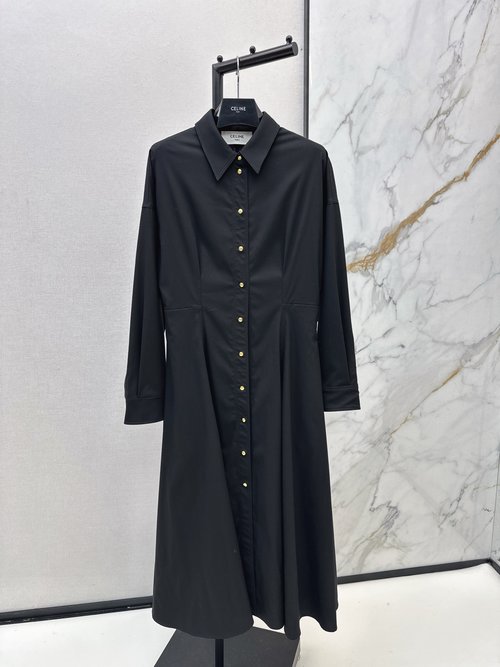Celine Classic Black Shirt Dress with Gold Buttons and A-Line Skirt