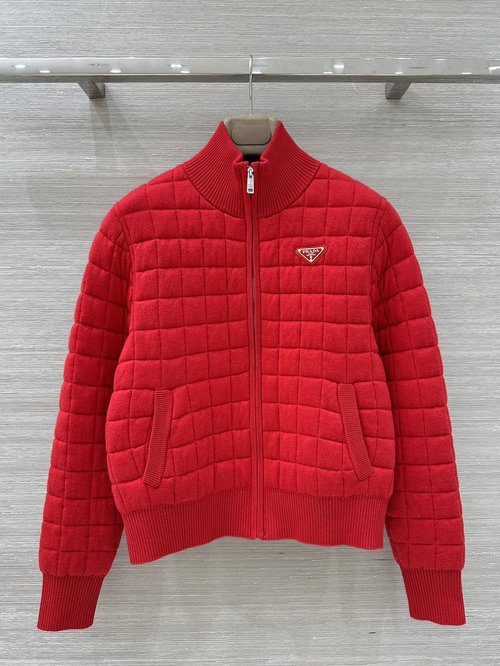 Prada Stylish and Comfortable Checked Quilted Baseball Jacket with Metal Triangle Logo