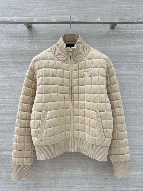 Prada Stylish and Comfortable Checked Quilted Baseball Jacket with Metal Triangle Logo