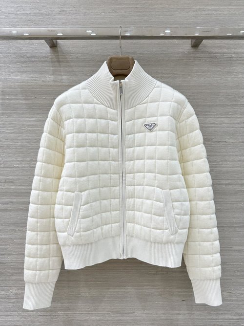 Prada Stylish and Comfortable Checked Quilted Baseball Jacket with Metal Triangle Logo