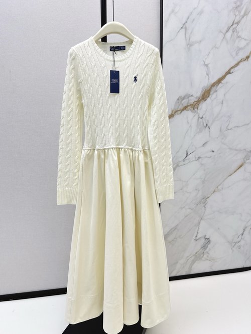 Polo Ralph Lauren Pony Embroidery Spliced Long Dress with Diverse Fabrics and Elegant Skirt