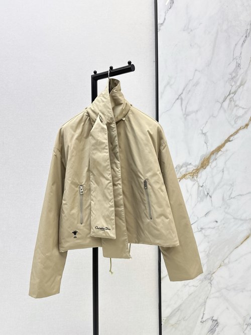 Dior Khaki Scarf-Trimmed Short Cotton Coat with Brand Logo