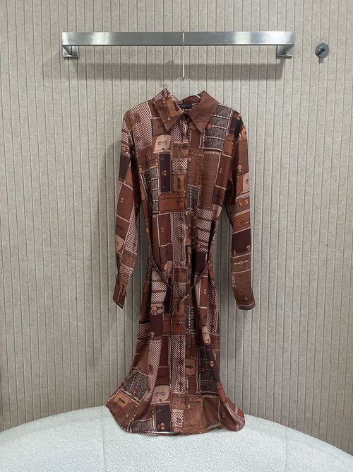 Louis Vuitton Monogrammed Silk Shirt Dress Accented with a Belt