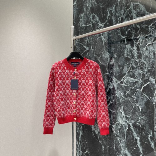 Louis Vuitton Monogram Patterned Red Knit Cardigan with Golden Buttons