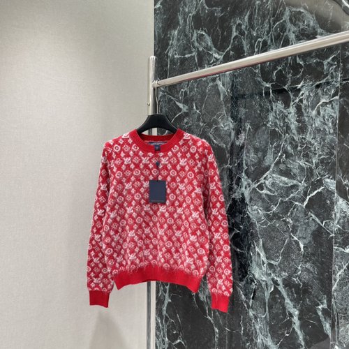 Louis Vuitton Red Monogram Print Sweater, Soft Wool Blend, Fashionable and Versatile