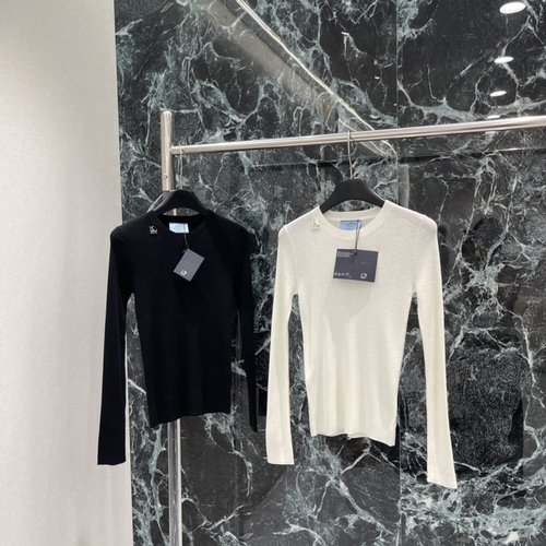 Prada Slim Fit Knit Long Sleeve Top with Round Neck