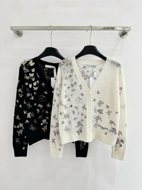 Dior Graceful V - neck Knit Sweater with Floral and Butterfly Embroidery