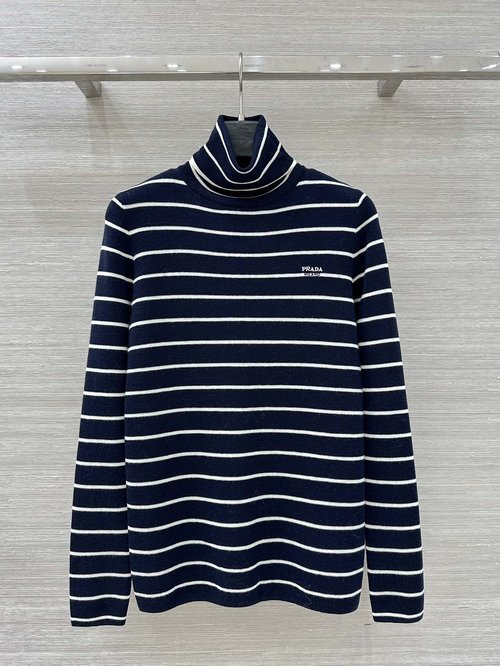 Prada Fashionable and Versatile Striped High - neck Top with Letter Embroidery