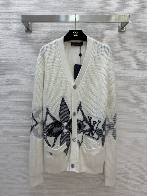 Louis Vuitton Classic Beige Four - Leaf Clover Jacquard V - Neck Knit Cardigan