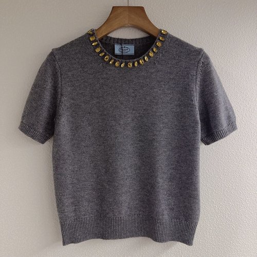 Prada Soft Camel Cashmere Short Knit Top with Emerald Collar