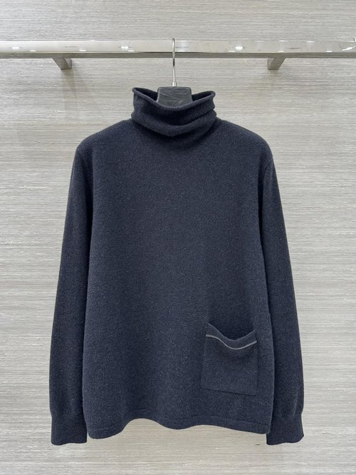 Brunello Cucinelli Exclusive Premium Cashmere High Neck Top with Chain Pocket, Elegant Design