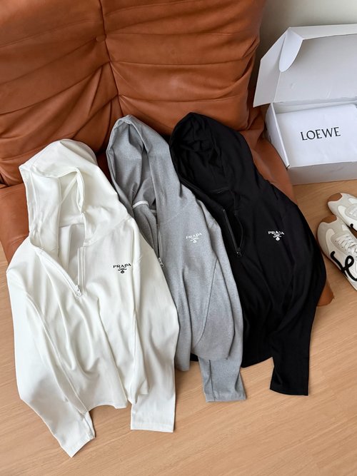 Prada Printed Half - Zippered Hooded Long - Sleeve T - Shirt