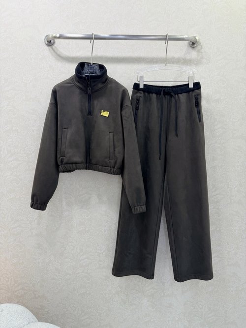 Louis Vuitton Suede Velvet Set with Half-Zip Hoodie and Straight Pants for Casual Elegance
