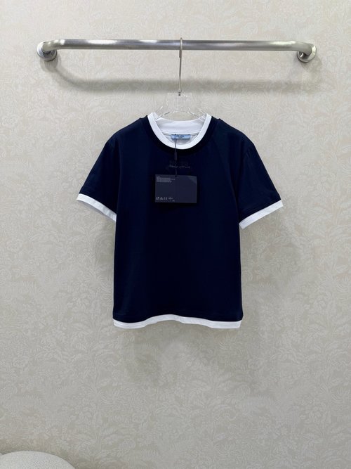 Prada Round Neck Short-Sleeved T-Shirt with Triangular Fabric Logo