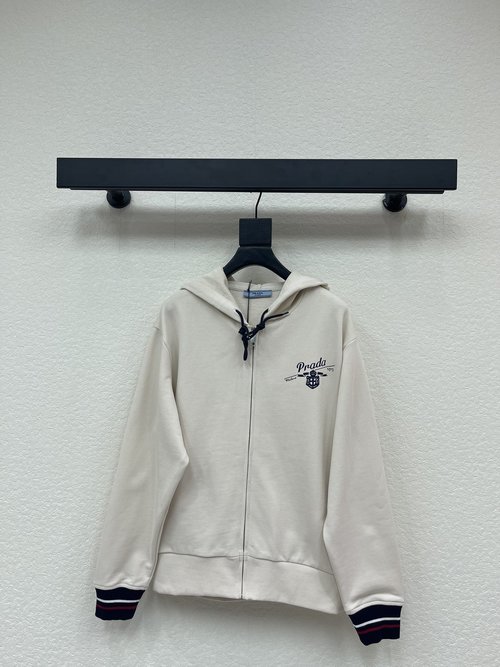 Prada Hooded Zip-Up Sweatshirt with Logo Print and Striped Sleeves for a Stylish Look