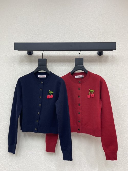 Valentino Cherry-Embellished Round-Neck Long-Sleeve Cardigan