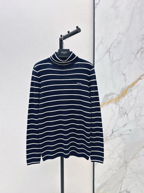 Prada Minimalist High-neck Striped Knitted Base Layer with Logo