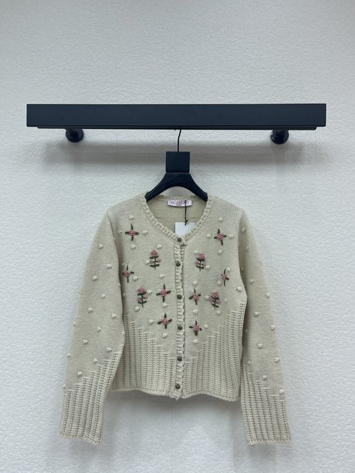 Valentino Floral Embroidered Round-Neck Knit Cardigan with Elegant Detailing