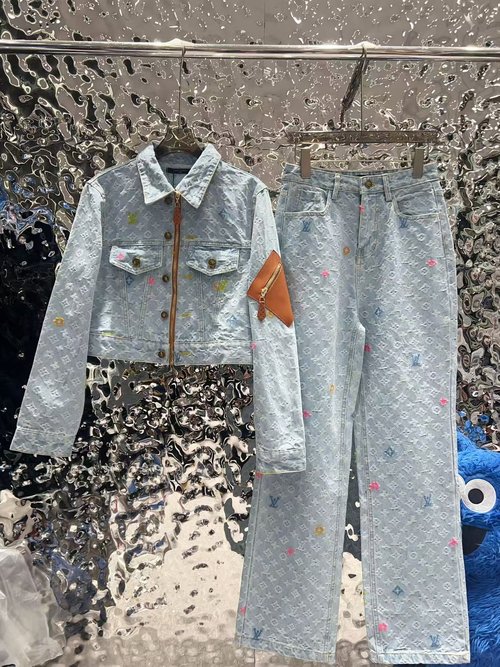 Louis Vuitton Monogram Denim Set: Sophisticated Blazer and Straight Jeans