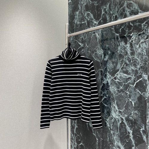 Prada Striped High-Neck Knit Top with Brand Embroidery, Suitable for Daily Wear